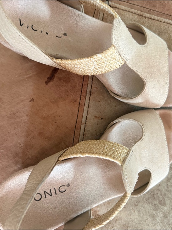 Vionic Shoes - Vionic Beige Suede Wedge Sandals with Woven Strap